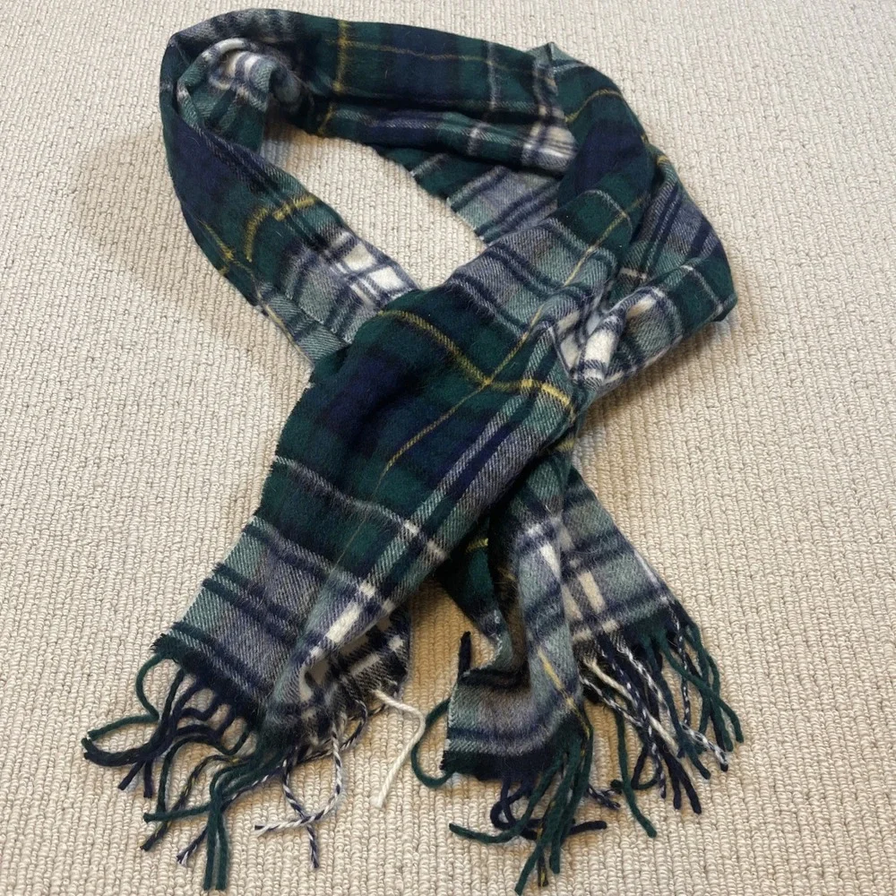 CLANS SCOTLAND 100% Lambswool Plaid Tartan Scarf Green/Navy 12x55